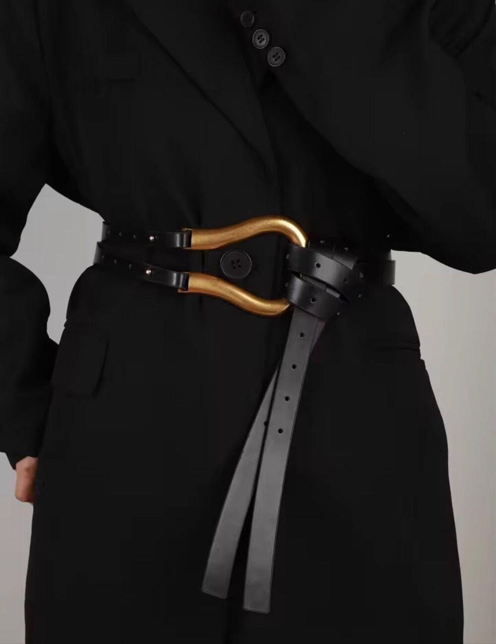 Italian Luxury Boutique Vegan Leather Wrap Belt Gold Sculptural Buckle NWOT